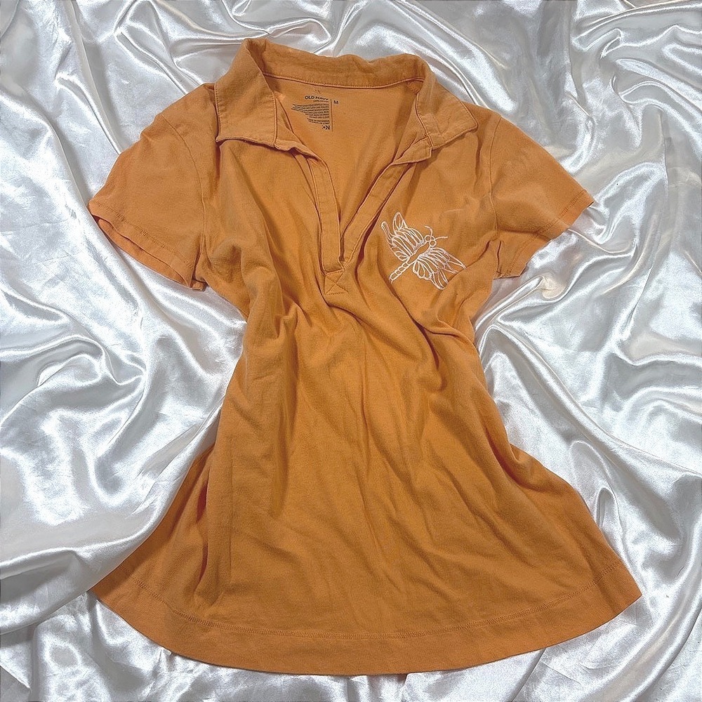 y2k Polo Top Orange Excellent Old Navy Dragonfly Embroidered V-Neck Cotton Tee